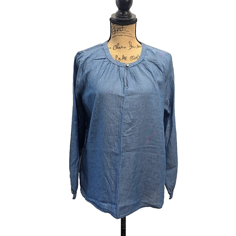 Loft Top Blue Chambray Long Sleeve Keyhole Neck Boho‎ Minimalist Coastal sz M